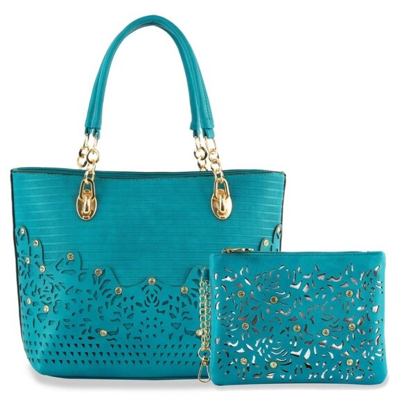 Turquoise Blue Rhinestone Accent Accessorized Handbag Set - Picture 1 of 3